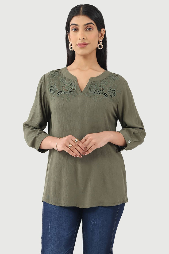 Green Embroidered Casual Top in Rayon Crepe