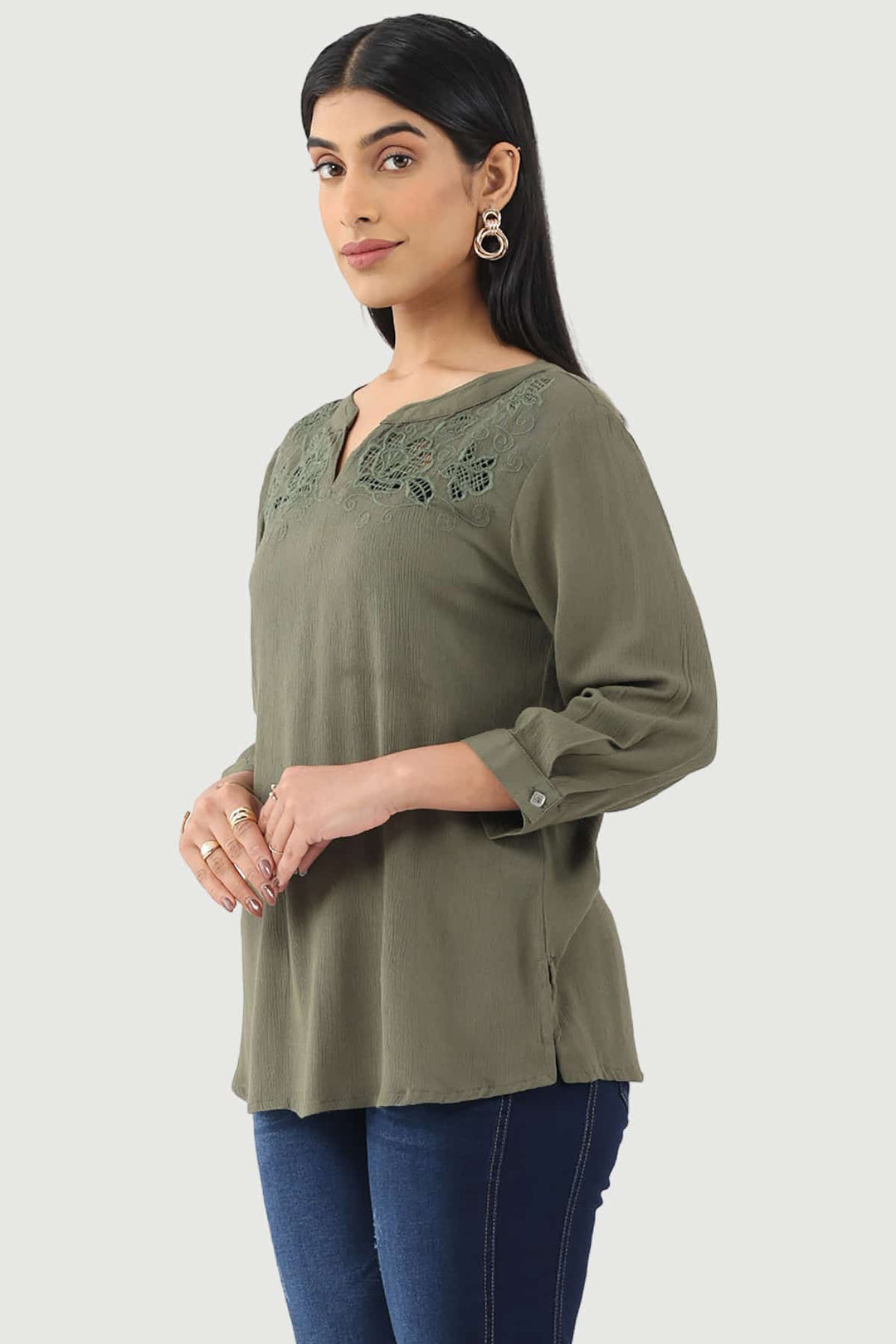 Green Embroidered Casual Top in Rayon Crepe