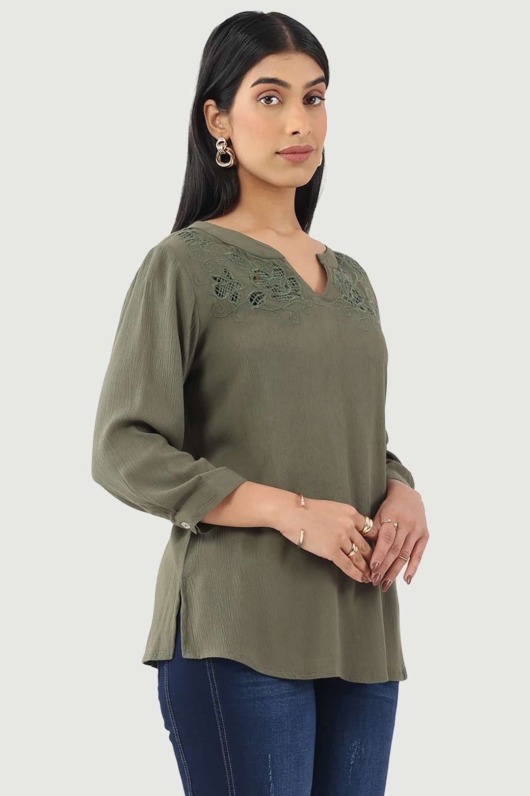 Green Embroidered Casual Top in Rayon Crepe