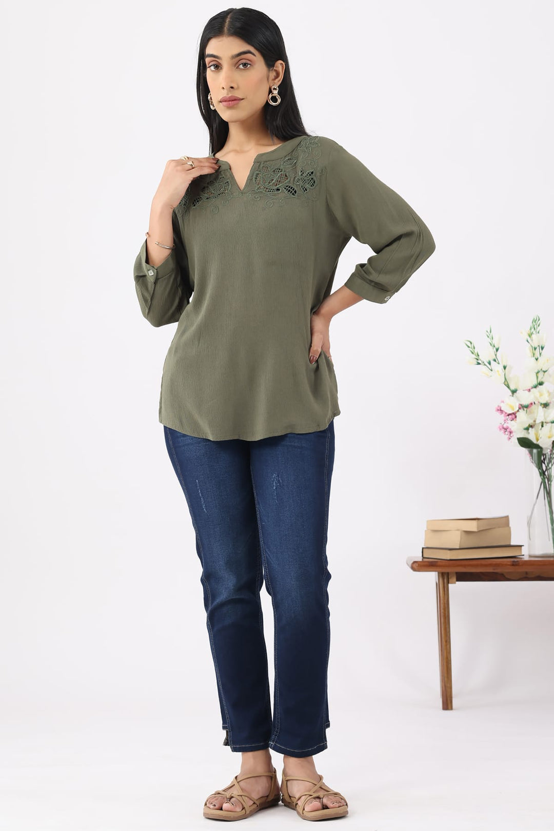 Green Embroidered Casual Top in Rayon Crepe