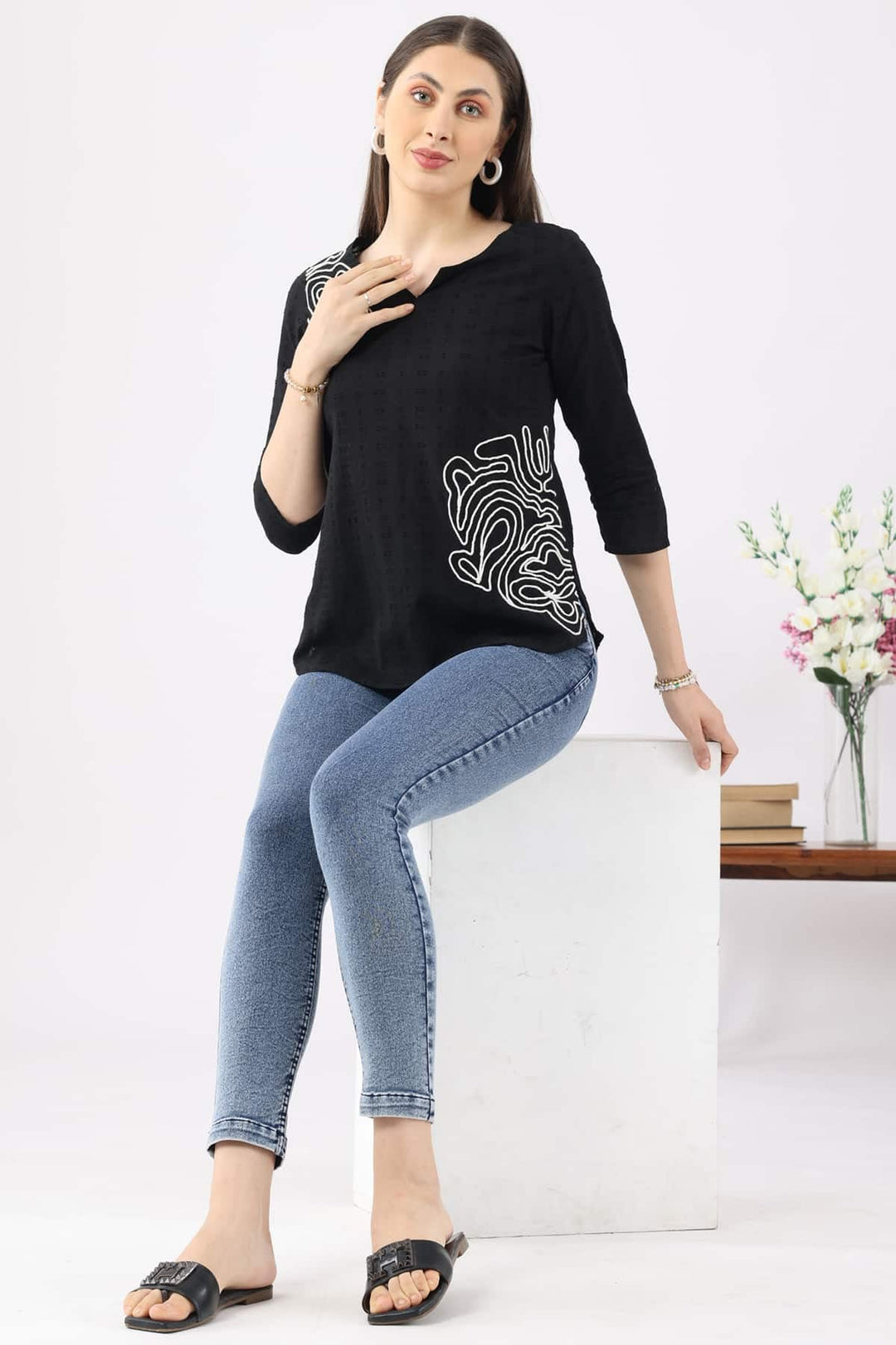 Black Embroidered Cotton Dobby Top