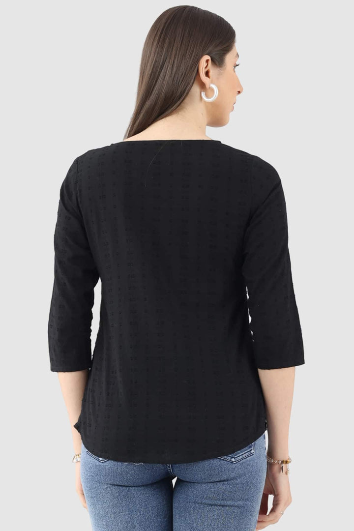Black Embroidered Cotton Dobby Top