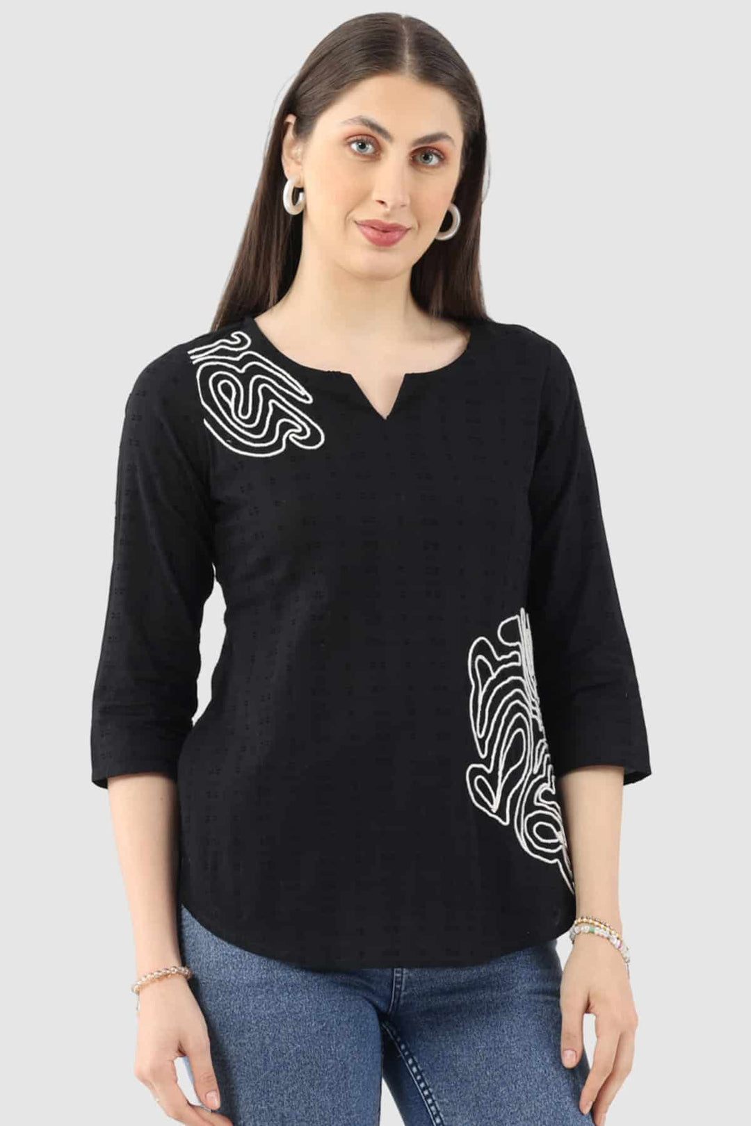 Black Embroidered Cotton Dobby Top