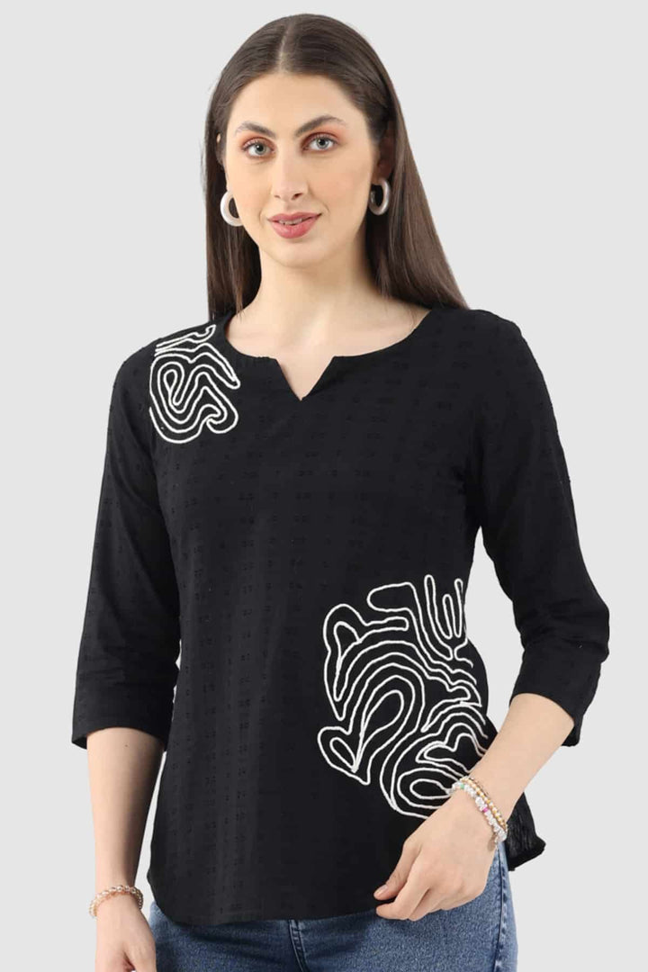 Black Embroidered Cotton Dobby Top