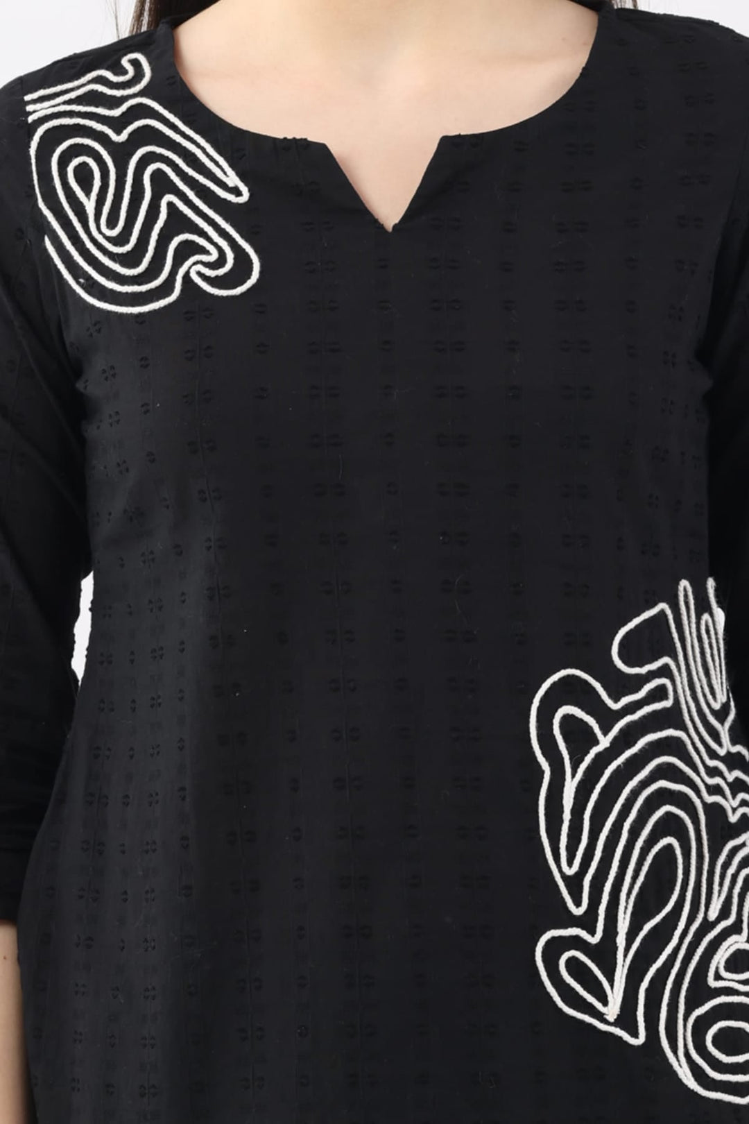 Black Embroidered Cotton Dobby Top