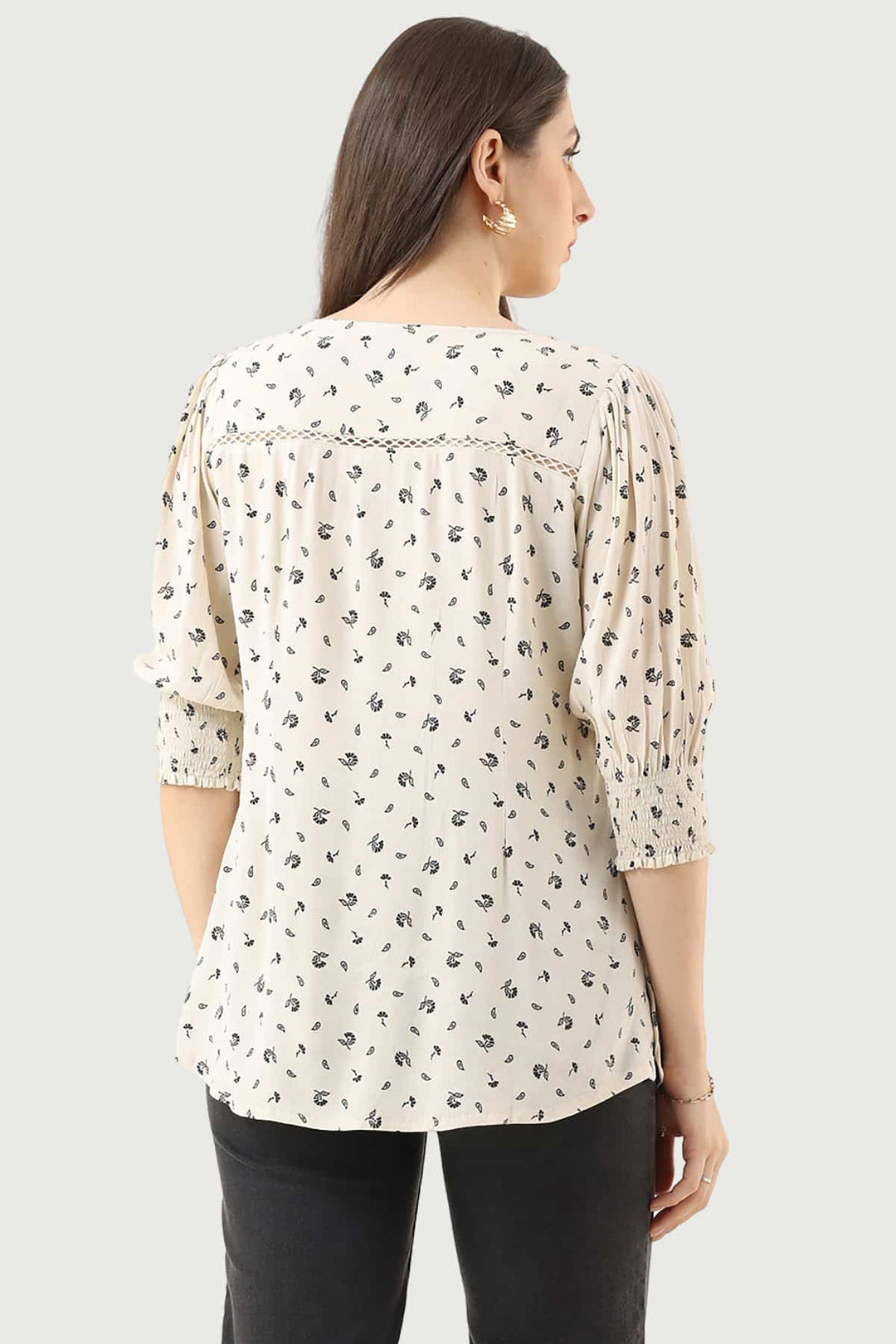 Off-White Printed Moss Fabric Casual Top with V-Neck