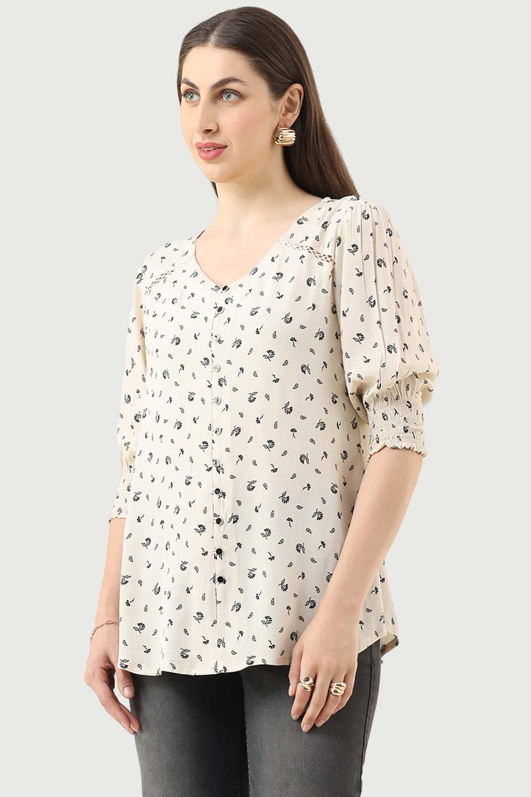 Off-White Printed Moss Fabric Casual Top with V-Neck