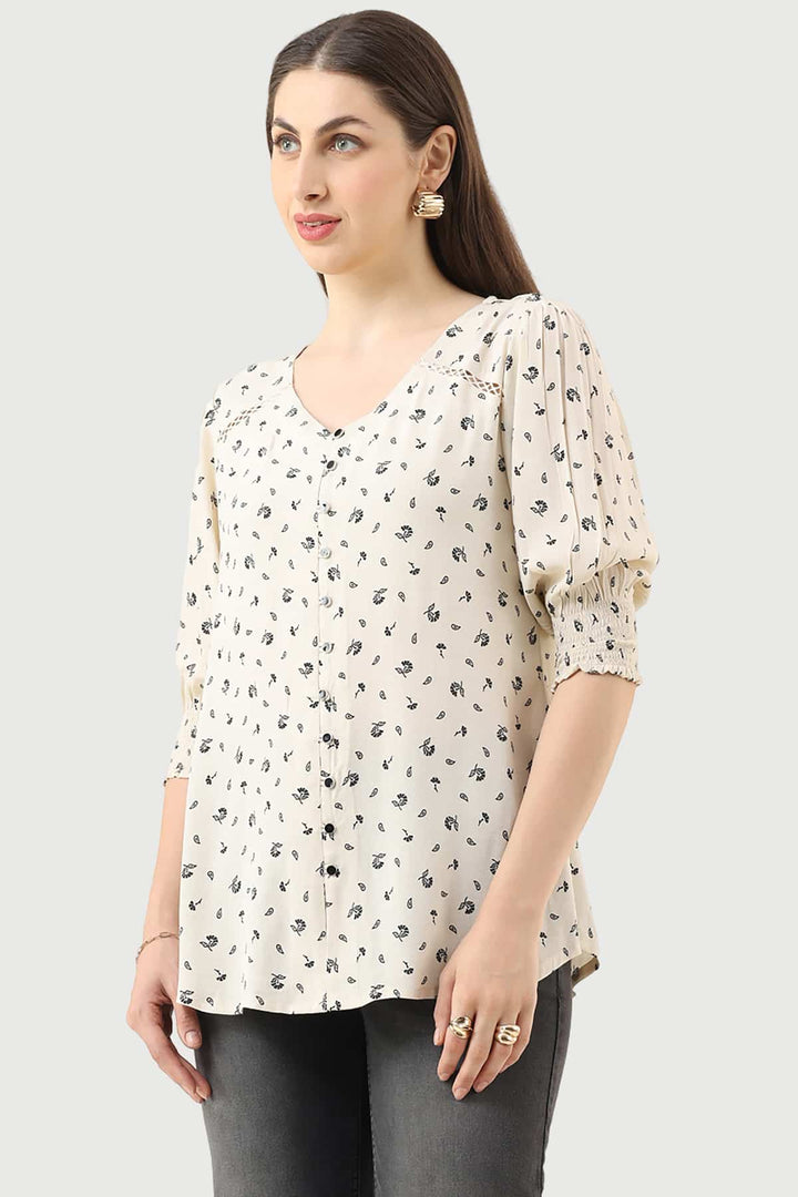 Off-White Printed Moss Fabric Casual Top with V-Neck