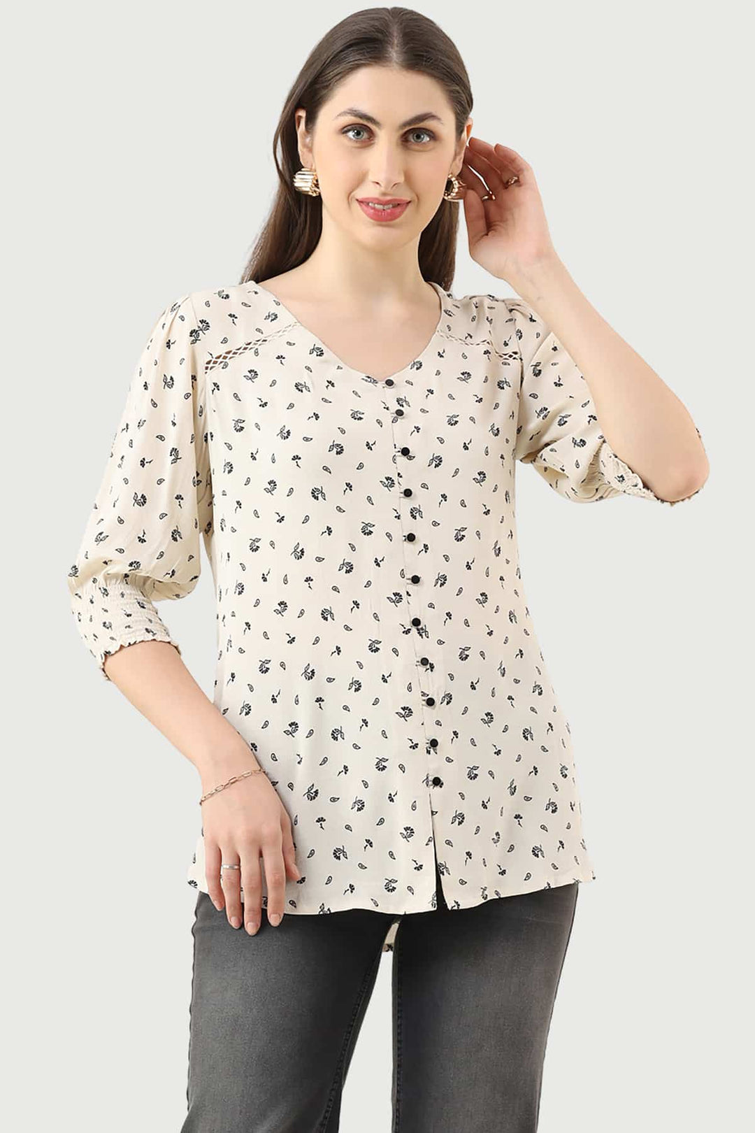 Off-White Printed Moss Fabric Casual Top with V-Neck