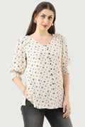 Off-White Printed Moss Fabric Casual Top with V-Neck