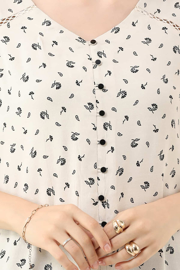 Off-White Printed Moss Fabric Casual Top with V-Neck