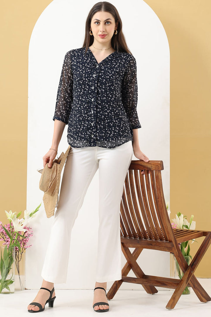 Navy Blue Printed Georgette Top with V-Neck