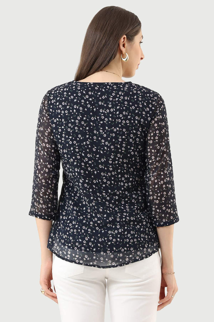 Navy Blue Printed Georgette Top with V-Neck