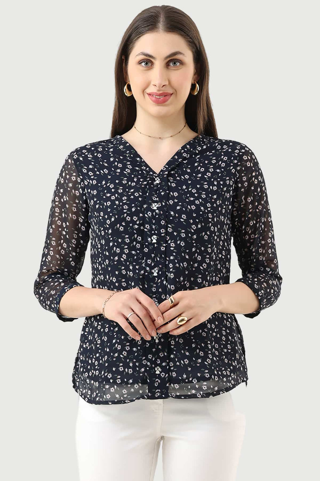 Navy Blue Printed Georgette Top with V-Neck