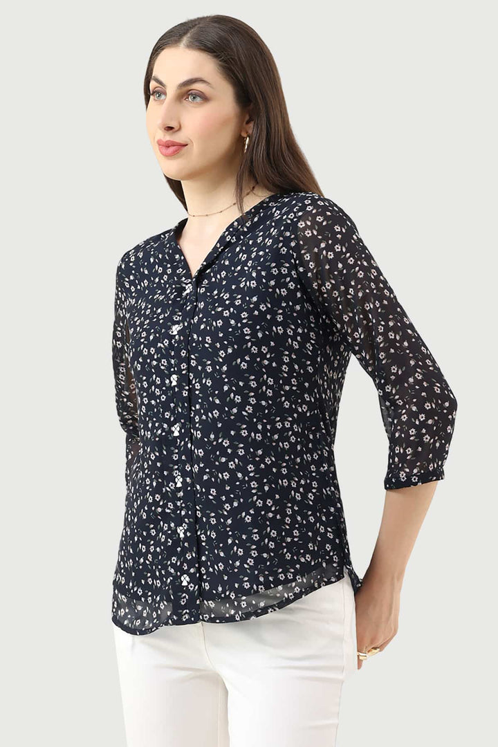 Navy Blue Printed Georgette Top with V-Neck
