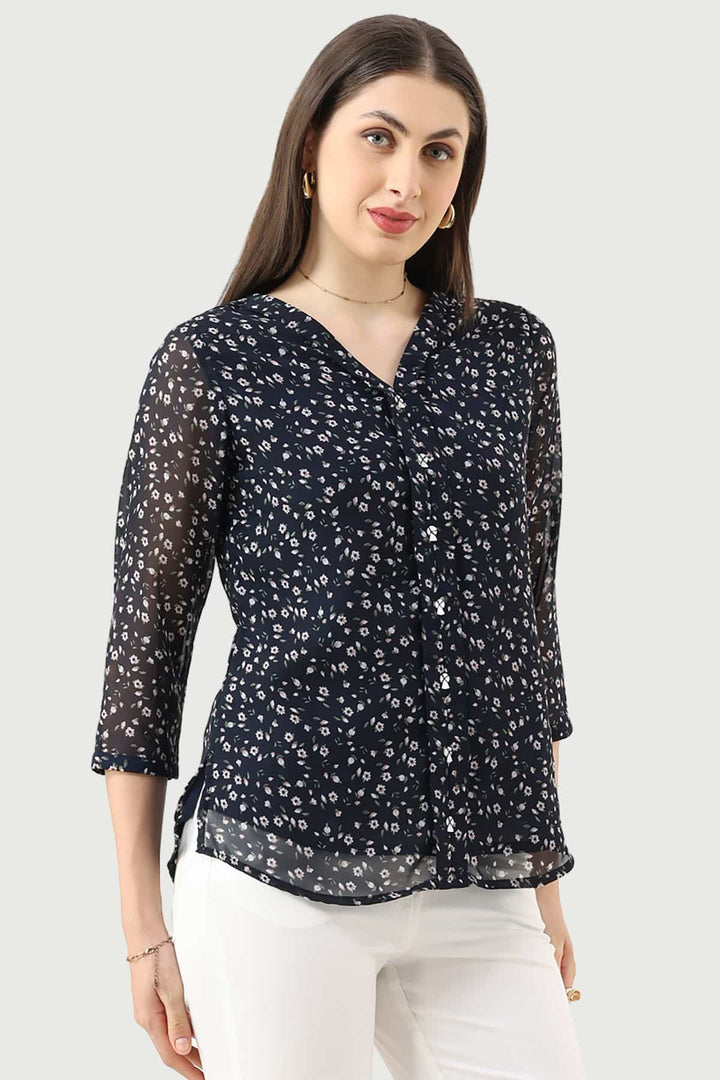 Navy Blue Printed Georgette Top with V-Neck