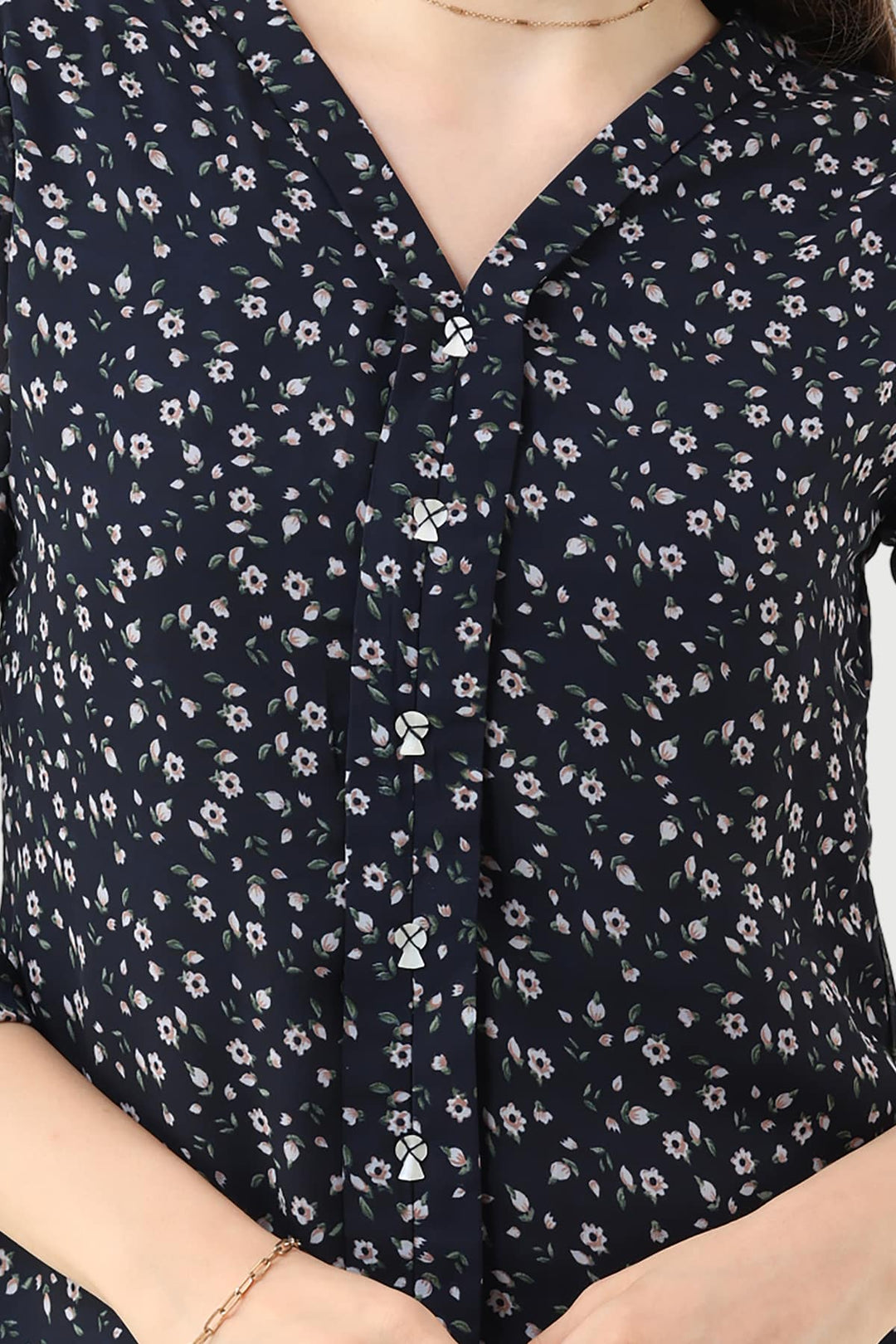 Navy Blue Printed Georgette Top with V-Neck