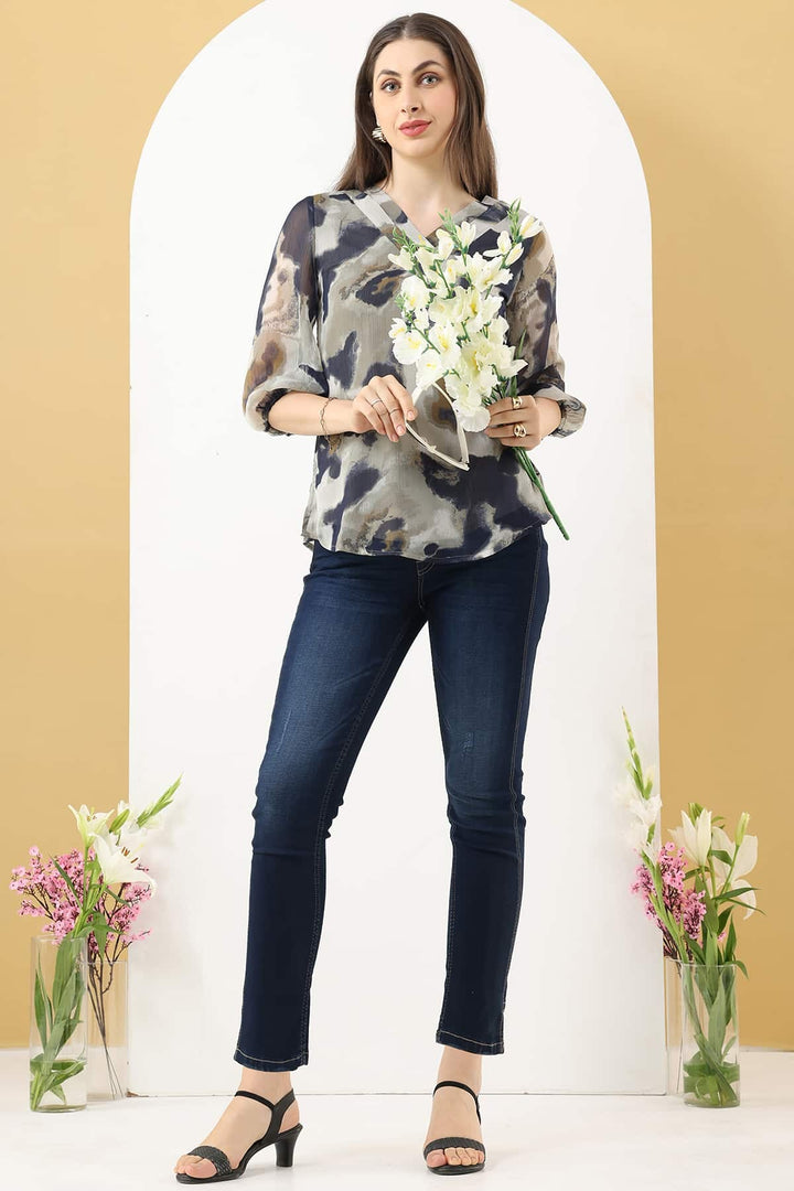 Grey Printed Chiffon Top with V-Neck