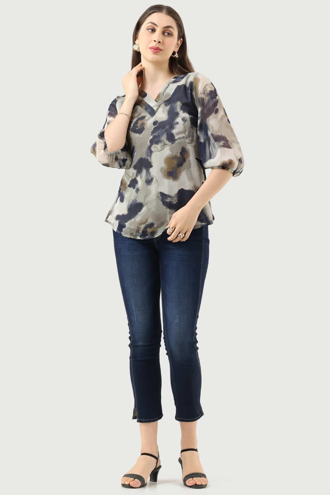 Grey Printed Chiffon Top with V-Neck