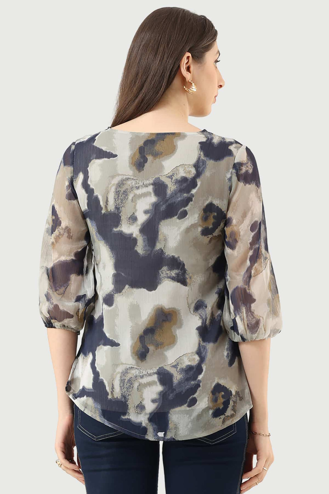 Grey Printed Chiffon Top with V-Neck