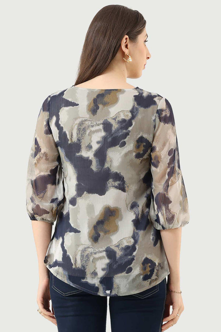 Grey Printed Chiffon Top with V-Neck
