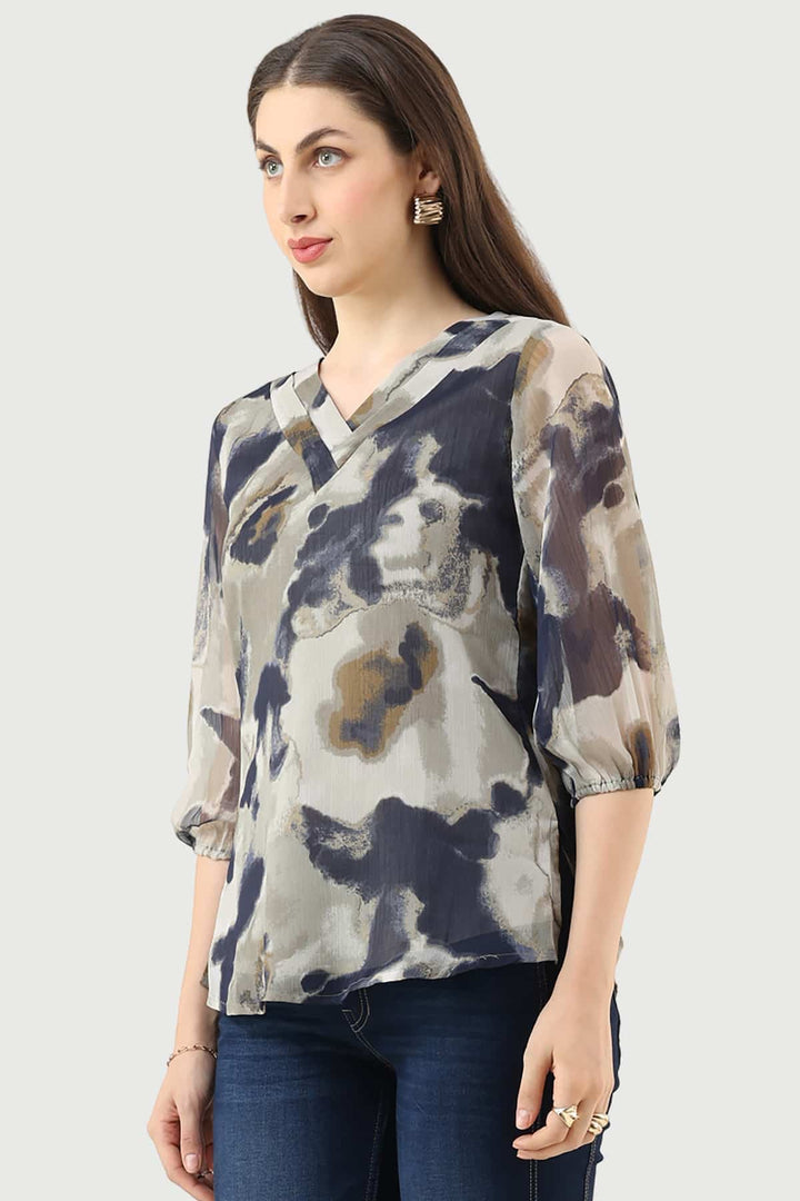 Grey Printed Chiffon Top with V-Neck
