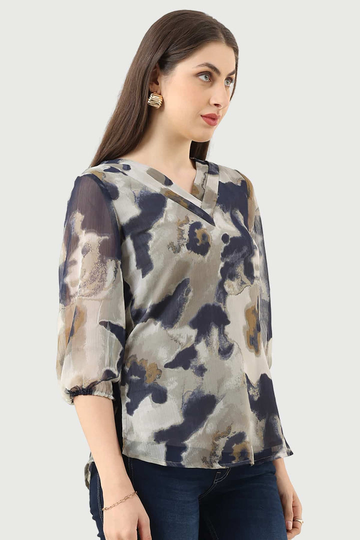 Grey Printed Chiffon Top with V-Neck