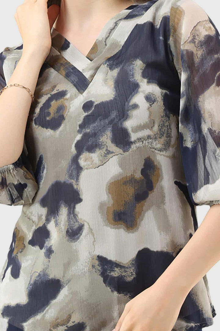 Grey Printed Chiffon Top with V-Neck