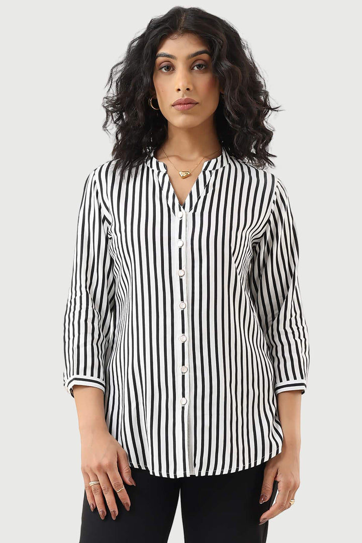 Black &amp; White Striped Moss Crepe Shirt with Mandarin Collar