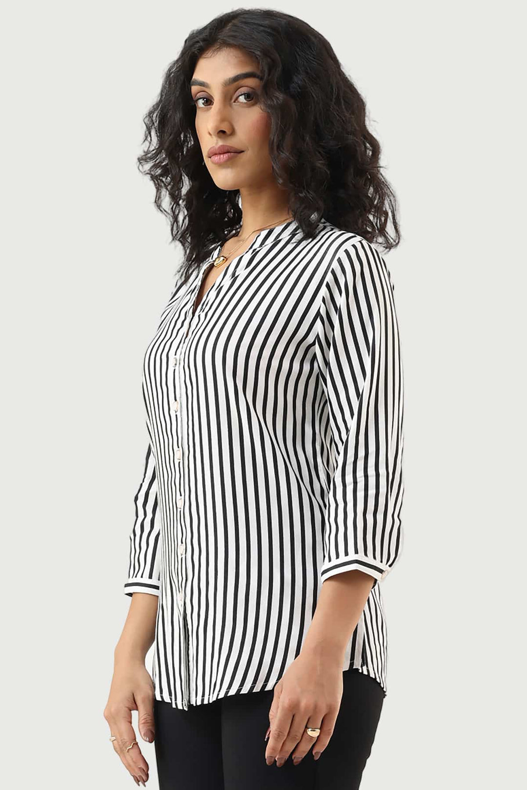 Black &amp; White Striped Moss Crepe Shirt with Mandarin Collar