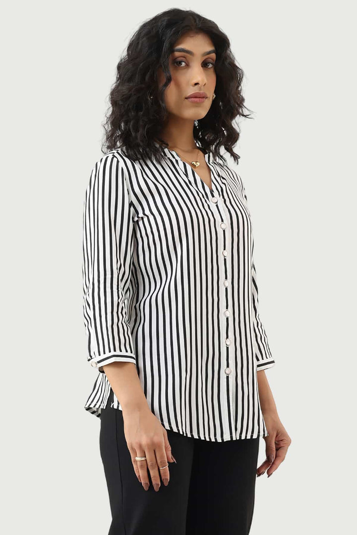 Black &amp; White Striped Moss Crepe Shirt with Mandarin Collar