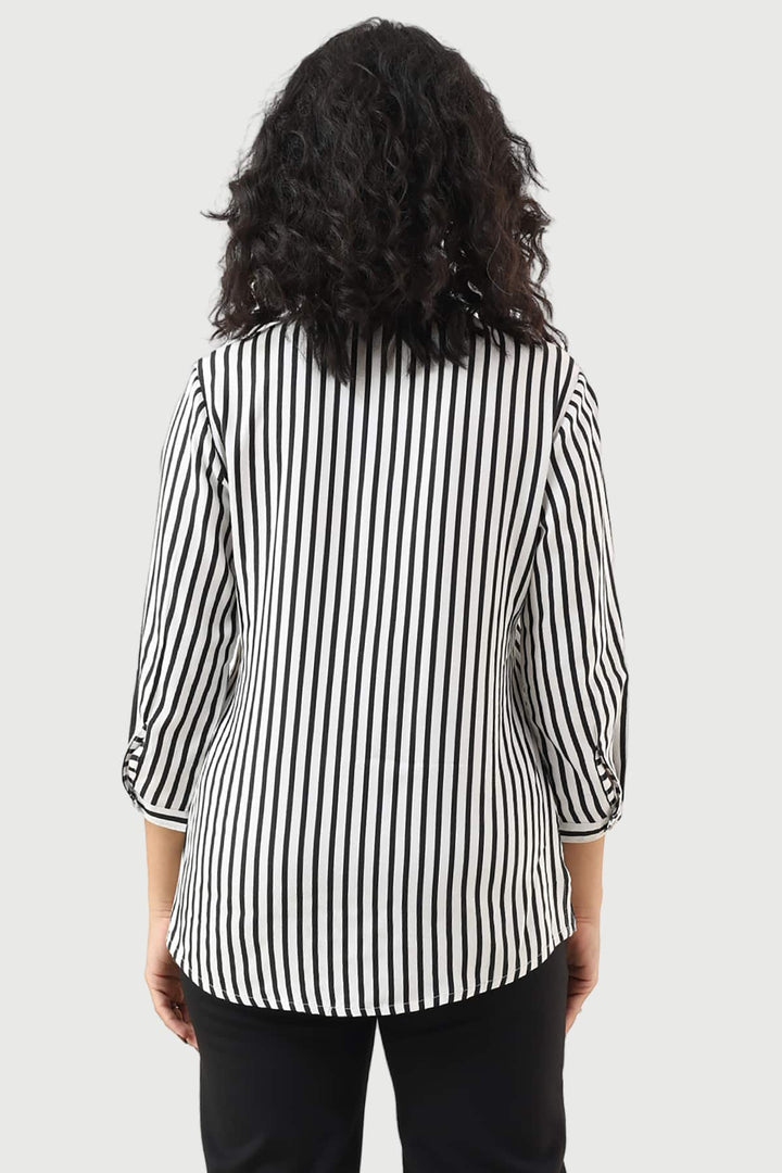 Black &amp; White Striped Moss Crepe Shirt with Mandarin Collar
