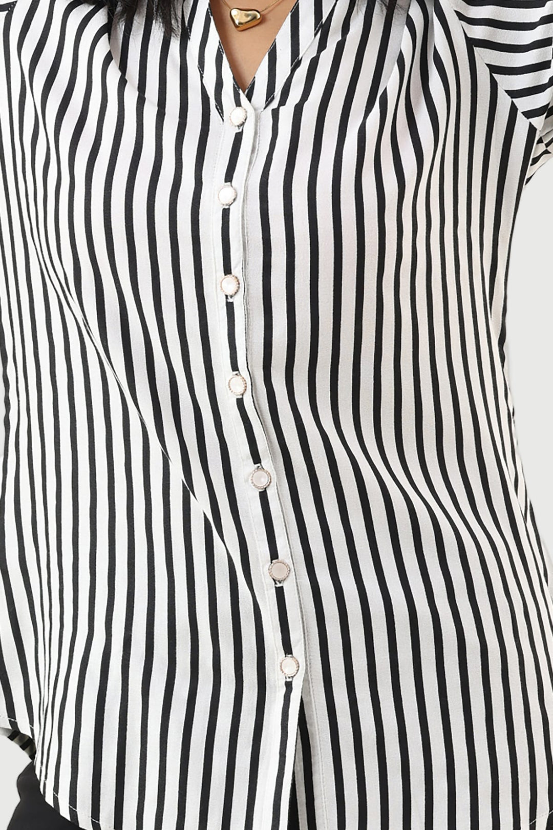 Black &amp; White Striped Moss Crepe Shirt with Mandarin Collar