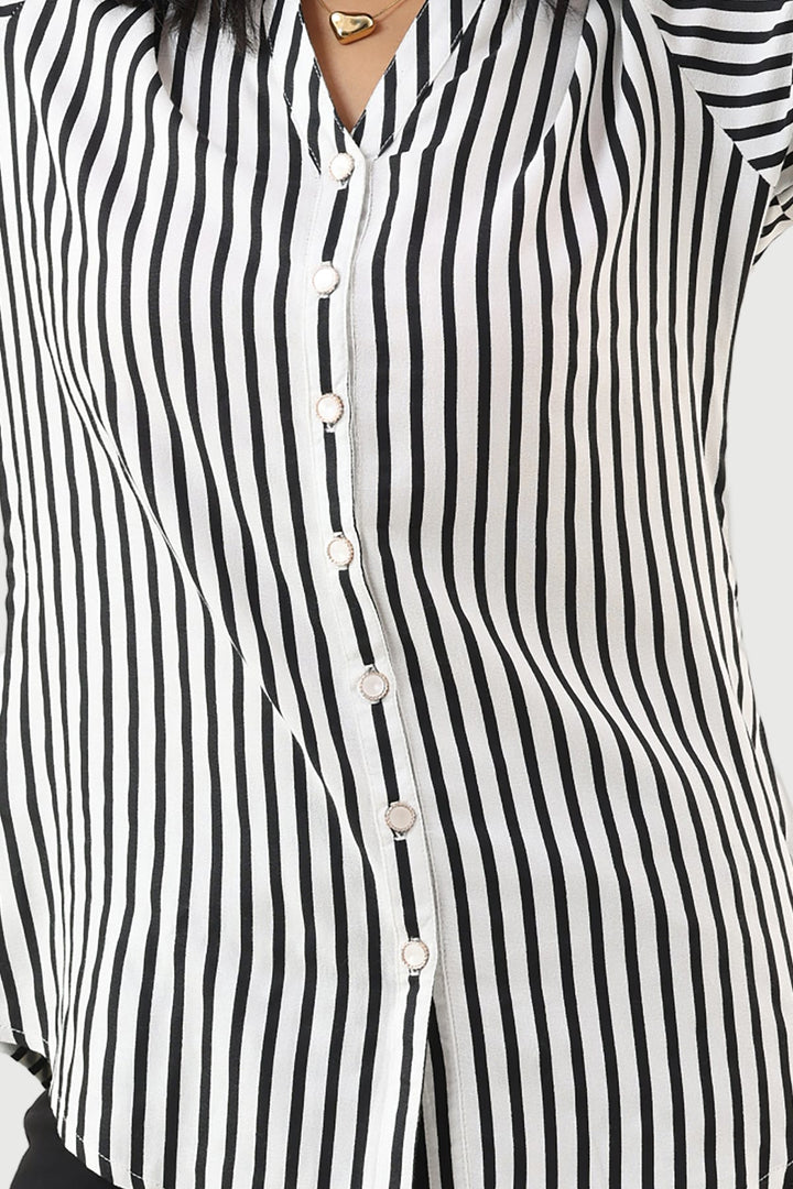 Black &amp; White Striped Moss Crepe Shirt with Mandarin Collar