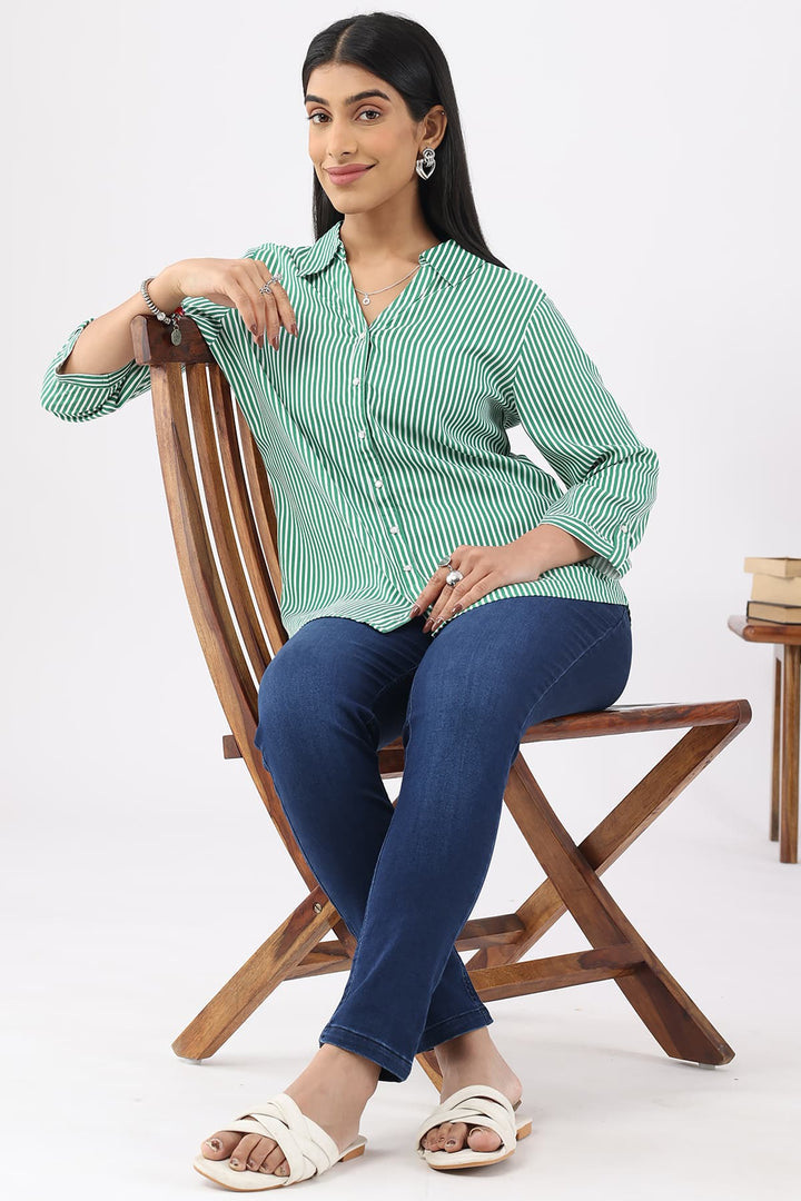 Green Striped Rayon Shirt with 3/4th Sleeves