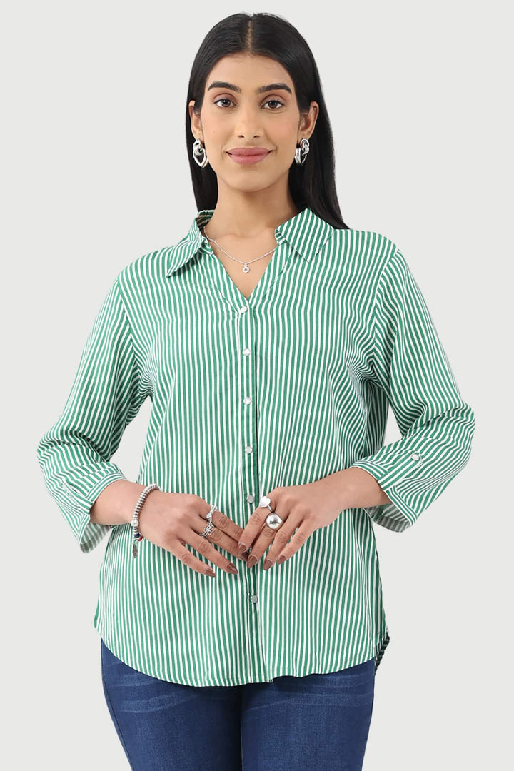 Green Striped Rayon Shirt with 3/4th Sleeves