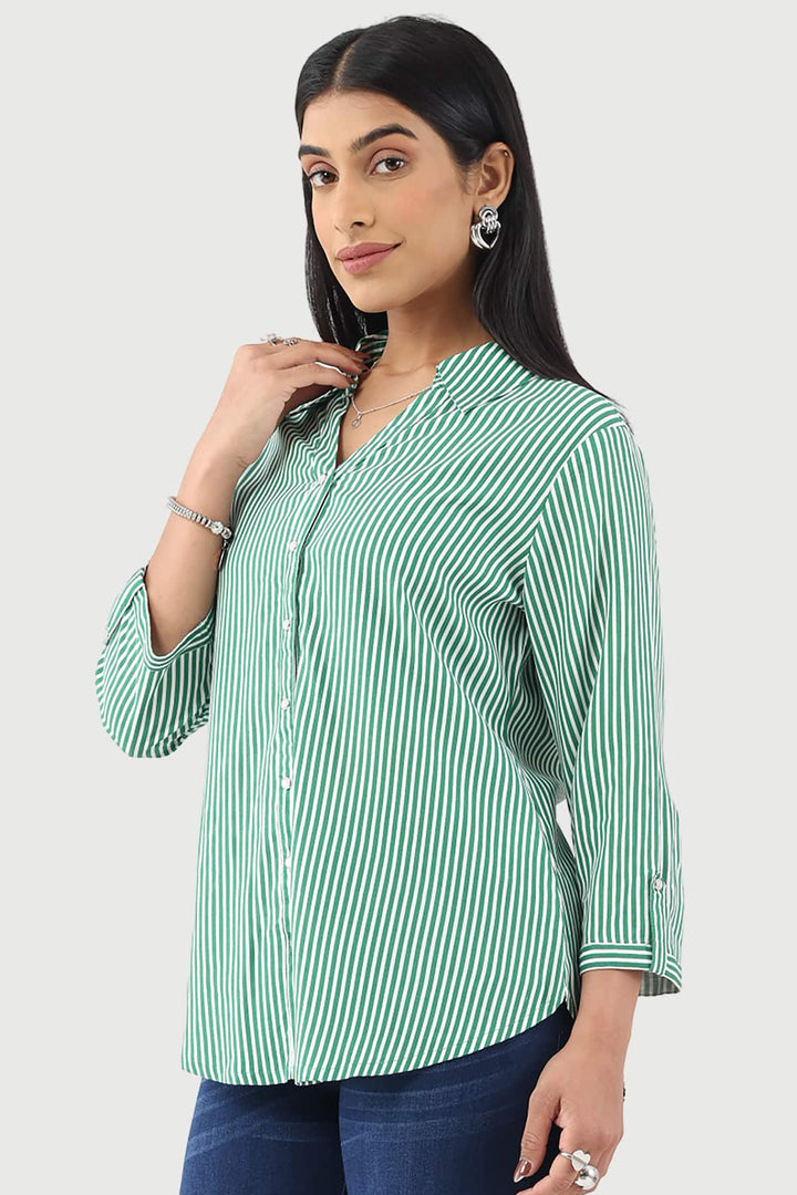 Green Striped Rayon Shirt with 3/4th Sleeves