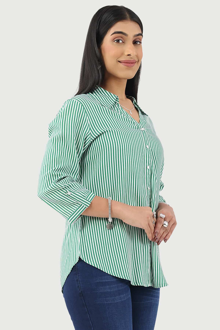 Green Striped Rayon Shirt with 3/4th Sleeves