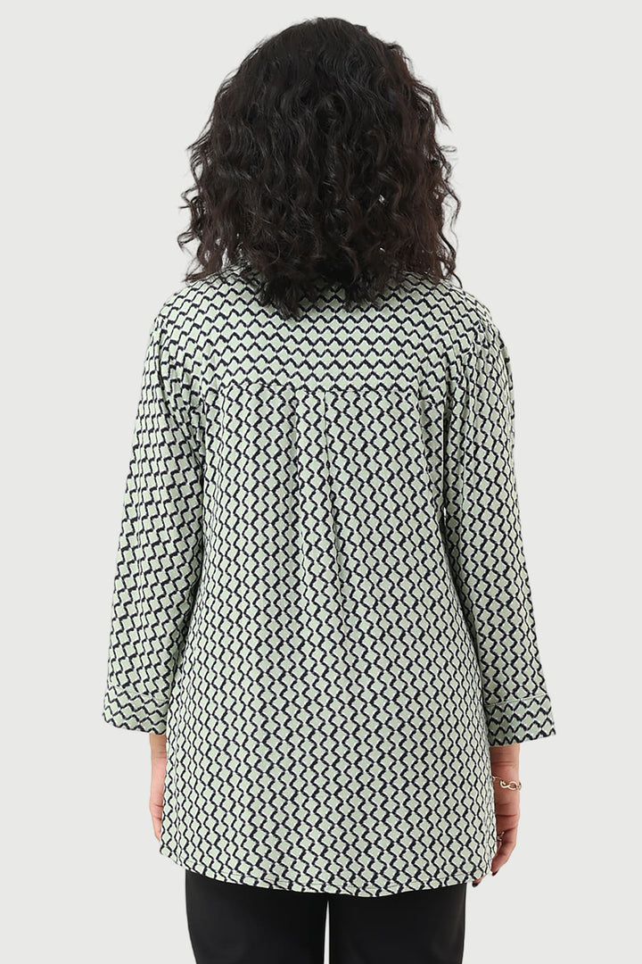 Green Moss Rayon Printed Shirt with Mandarin Collar