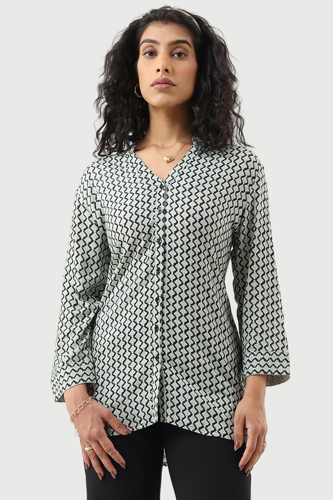 Green Moss Rayon Printed Shirt with Mandarin Collar