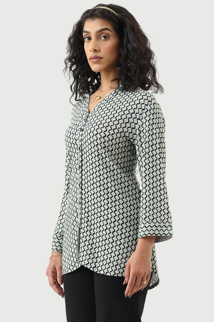Green Moss Rayon Printed Shirt with Mandarin Collar