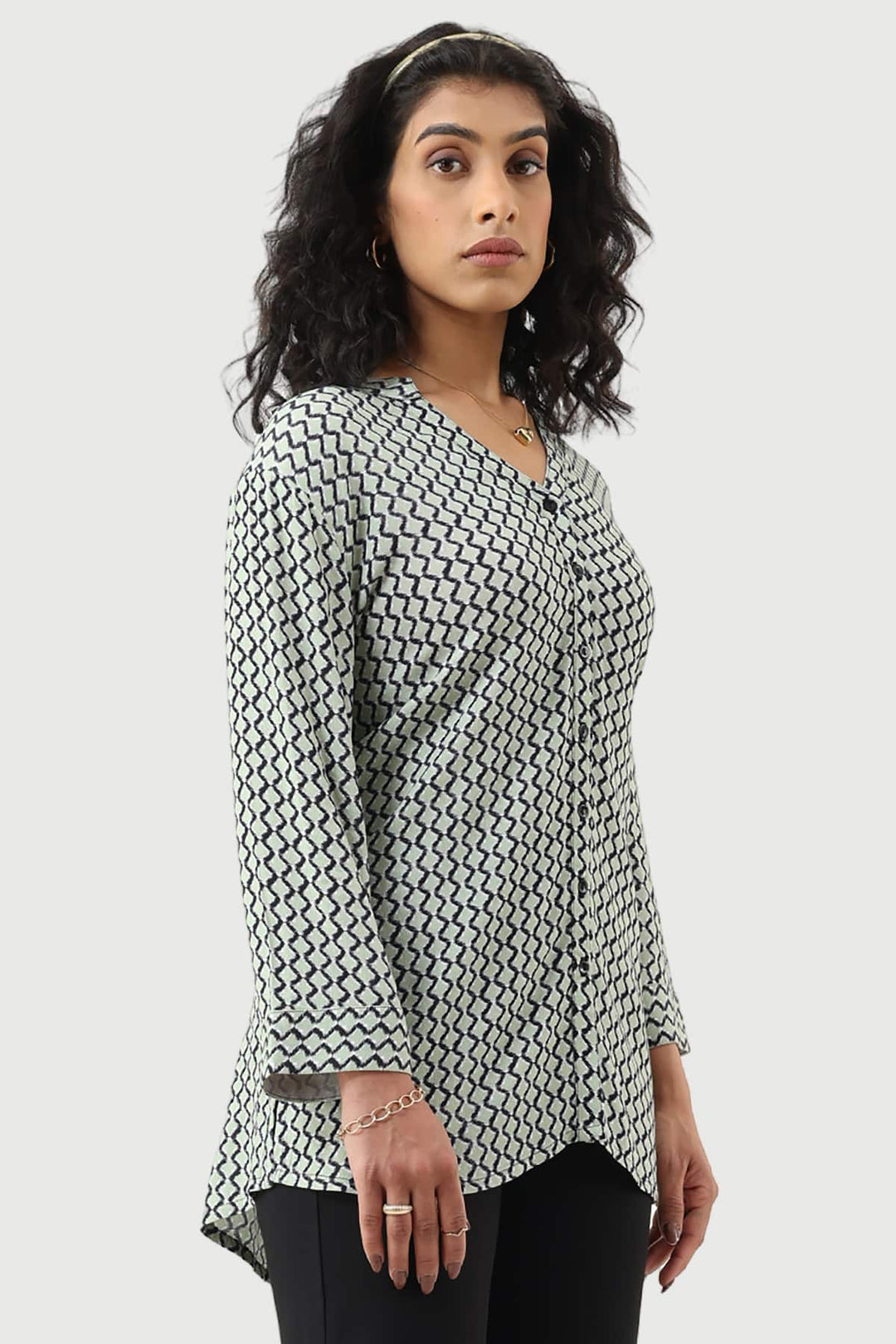 Green Moss Rayon Printed Shirt with Mandarin Collar
