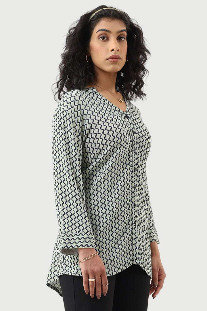 Green Moss Rayon Printed Shirt with Mandarin Collar