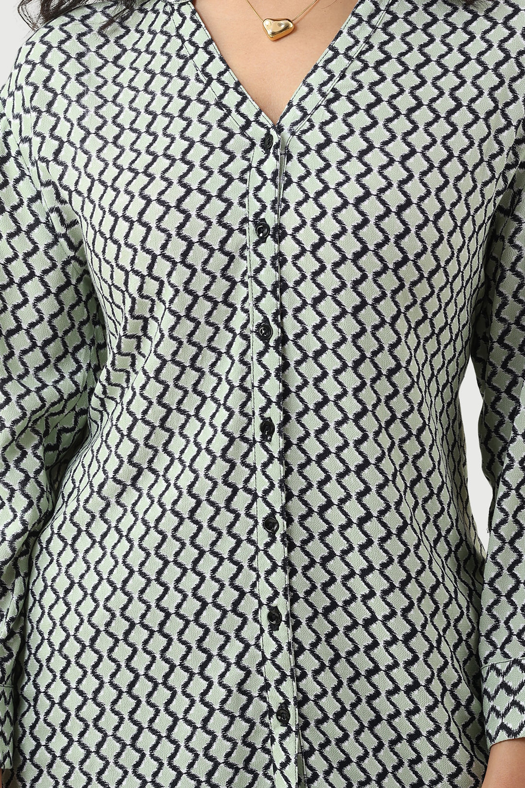 Green Moss Rayon Printed Shirt with Mandarin Collar