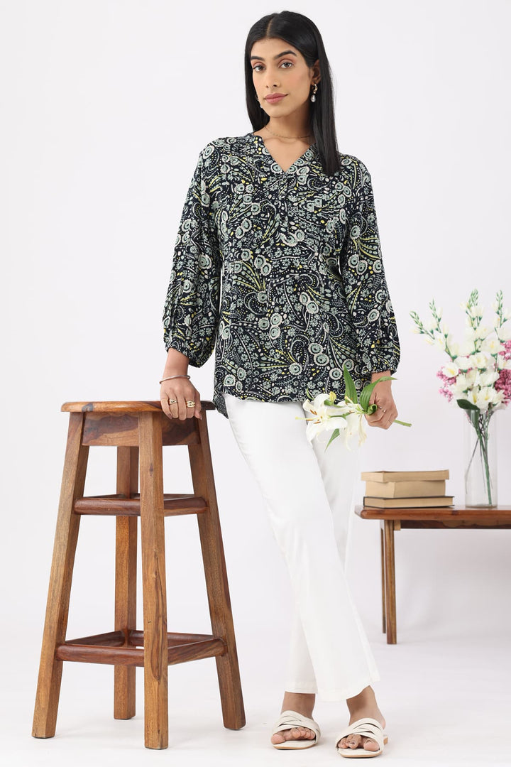 Black Printed Rayon Moss Top with Mandarin Collar