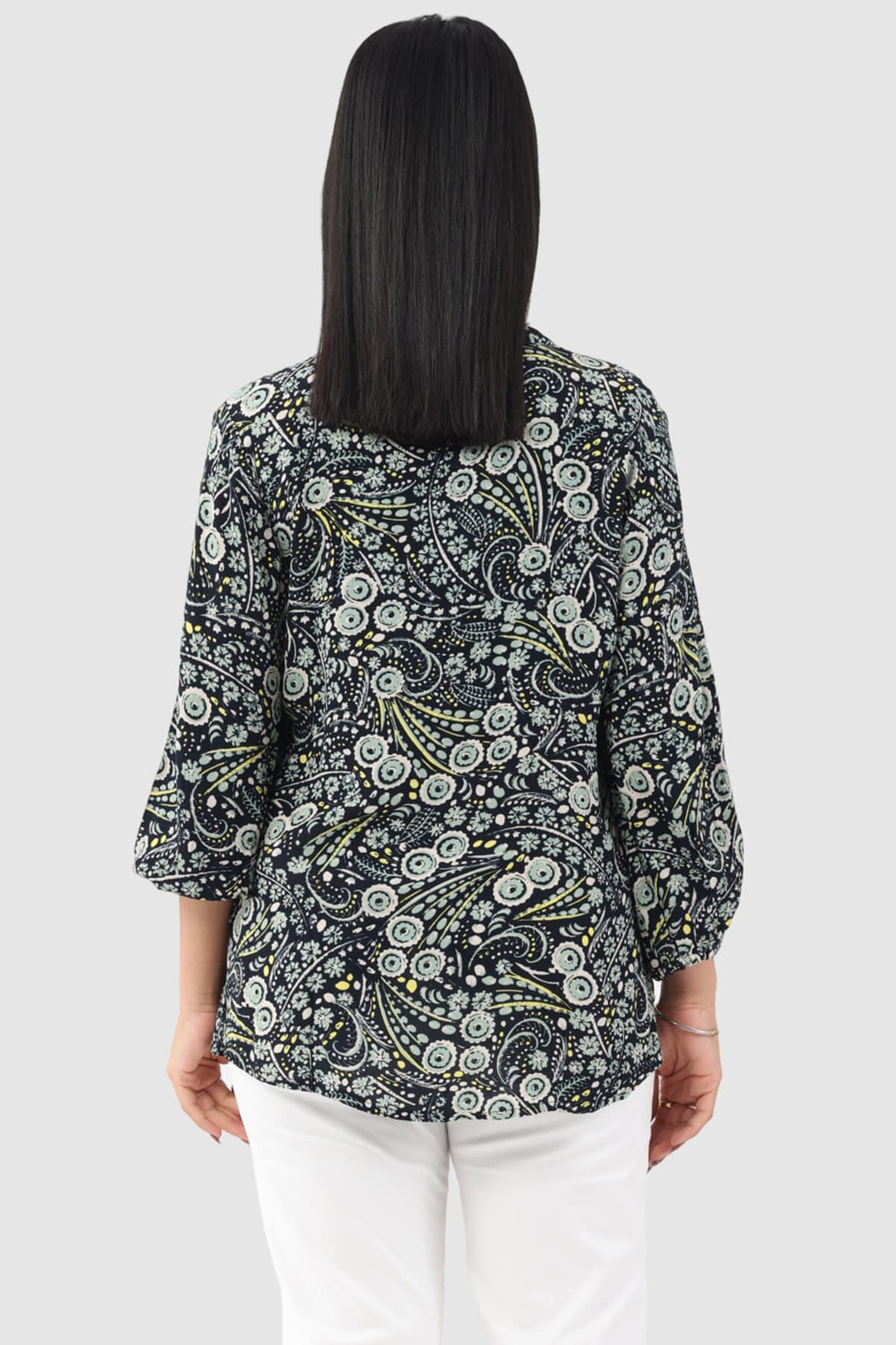 Black Printed Rayon Moss Top with Mandarin Collar