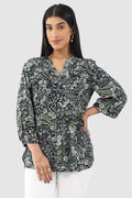 Black Printed Rayon Moss Top with Mandarin Collar
