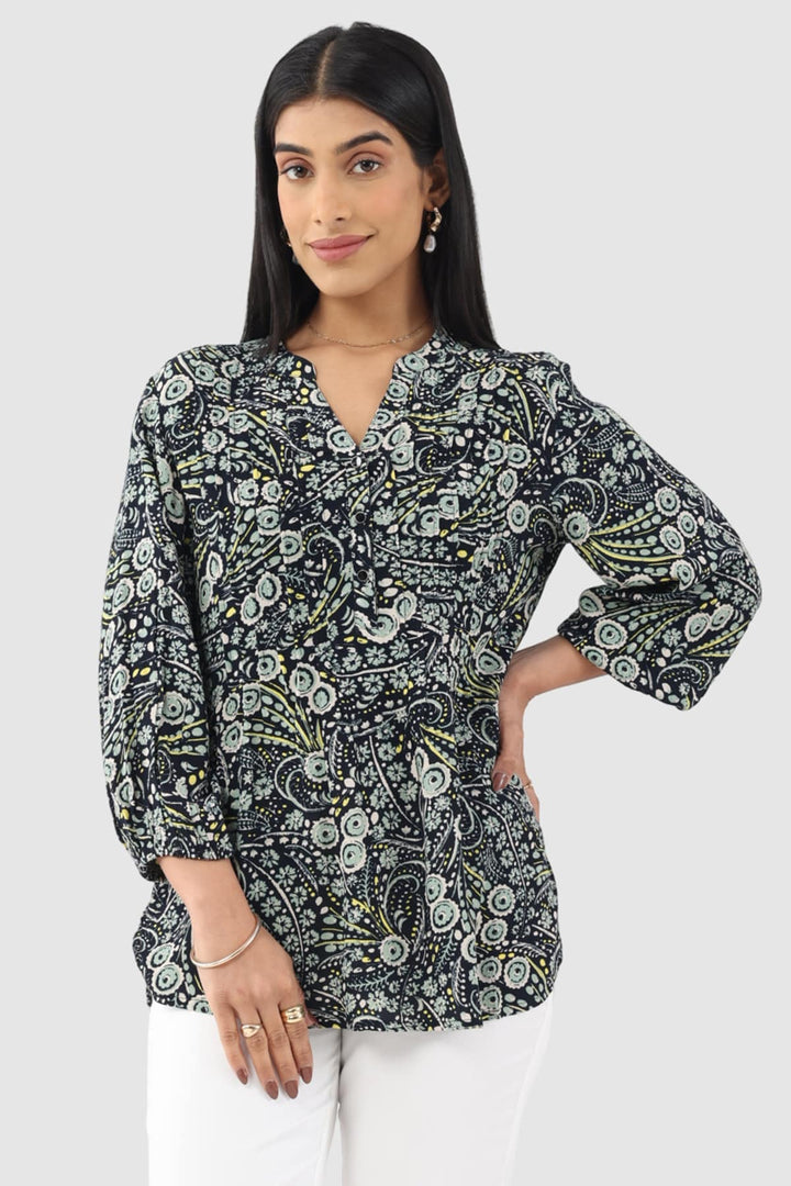 Black Printed Rayon Moss Top with Mandarin Collar