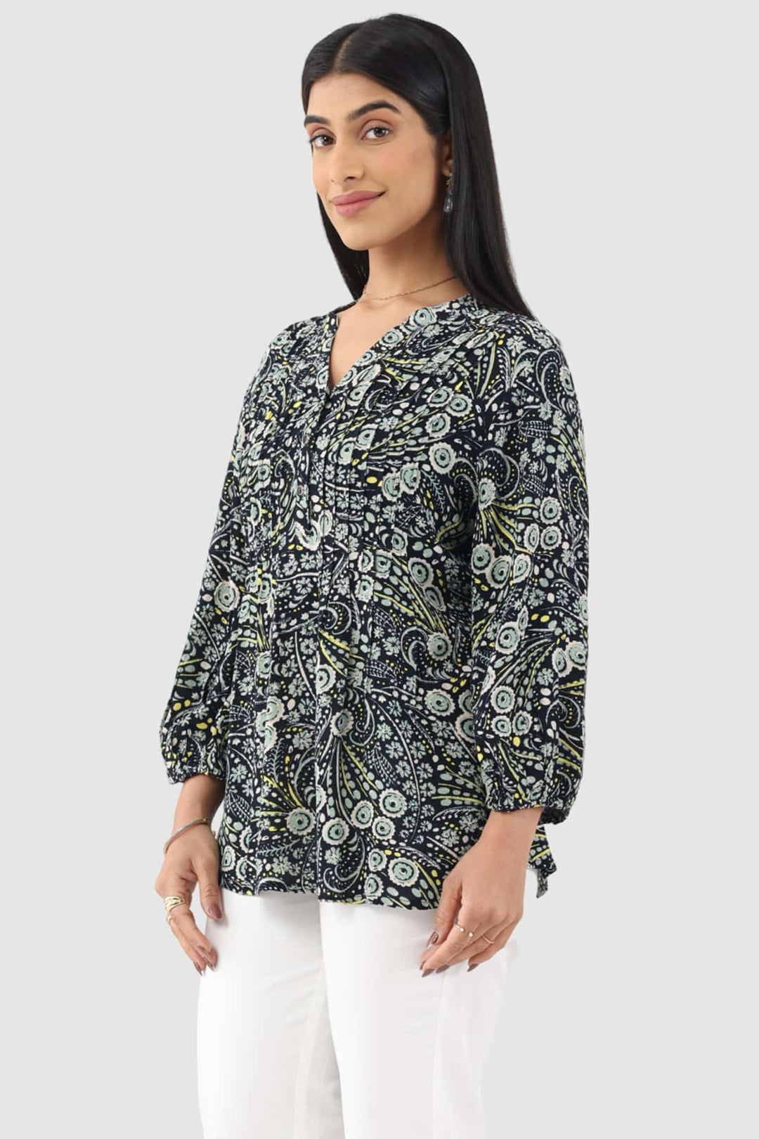 Black Printed Rayon Moss Top with Mandarin Collar