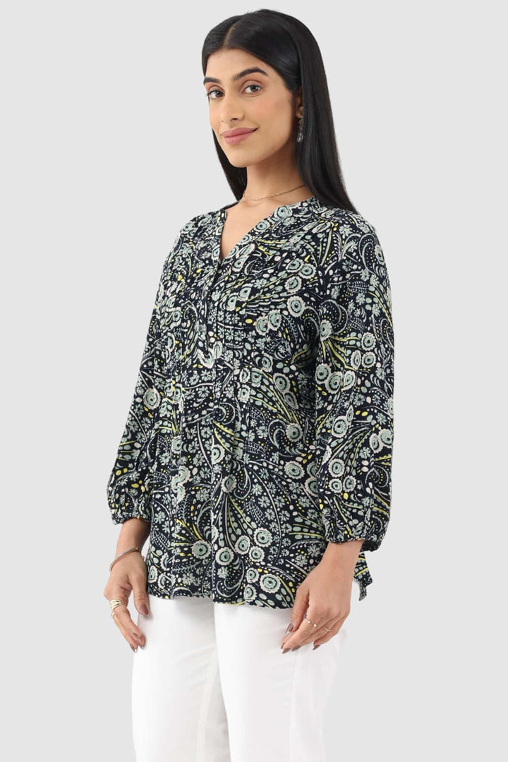 Black Printed Rayon Moss Top with Mandarin Collar